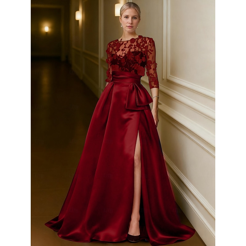 Red Black A-Line Evening Gown Elegant Formal Dress Formal Wedding Floor Length 3/4 Length Sleeve Illusion Neck Pocket Satin with Pocket 2025