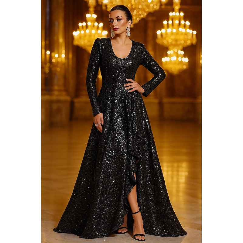 Black Tie A-Line Evening Gown Elegant Formal Dress Formal Wedding Floor Length Long Sleeve Crew Neck Sequined with Glitter 2025