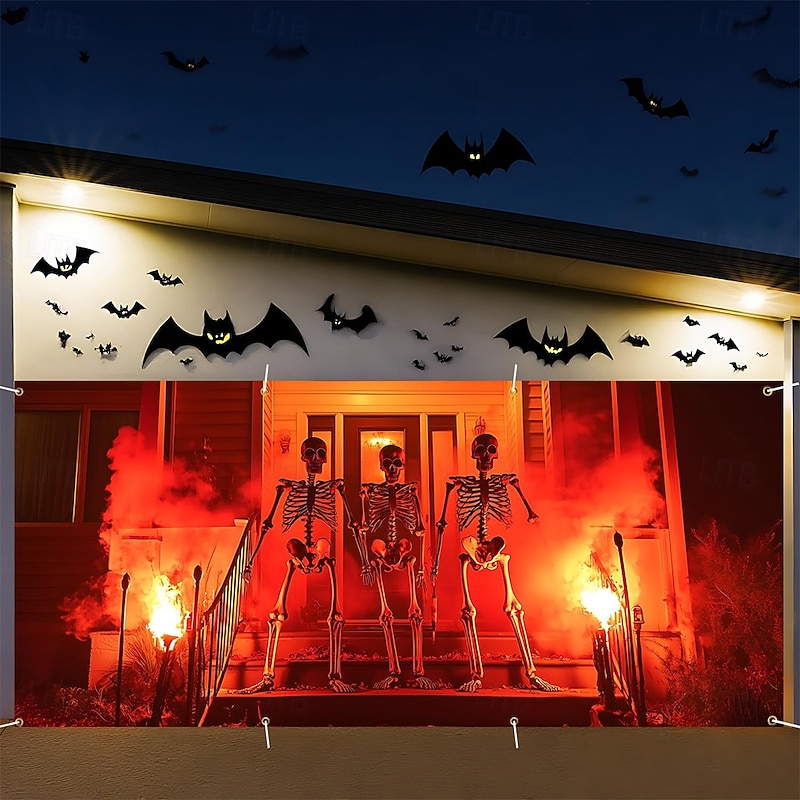 Halloween Tapestry Garage Door Cover Large Hanging Backdrop Skeleton Bloodstains 3D Dark Punk Gothic Style Party Outdoor Shooting Backgrounds Yard Haunted House Home Decor