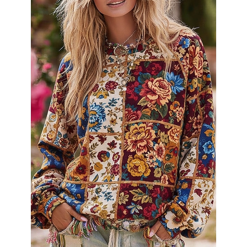 Women's Pullover Sweatshirts Floral Vintage Streetwear Classic Long Sleeve Crew Neck Regular Tops Dailywear Casual Print Wine Spring Fall