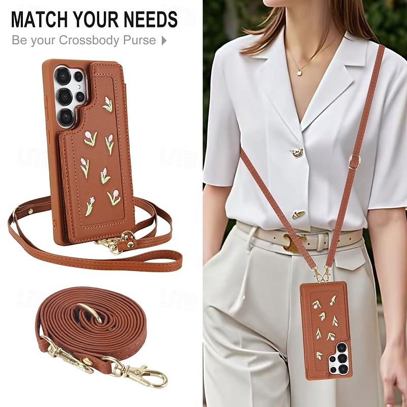 Phone Case For Samsung Galaxy S25 S24 S23 Ultra Plus A56 A36 A16 A55 5G A35 5G A15 A14 Back Cover with Lanyard Kickstand Card Slot Retro Flower Floral TPU PU Leather4