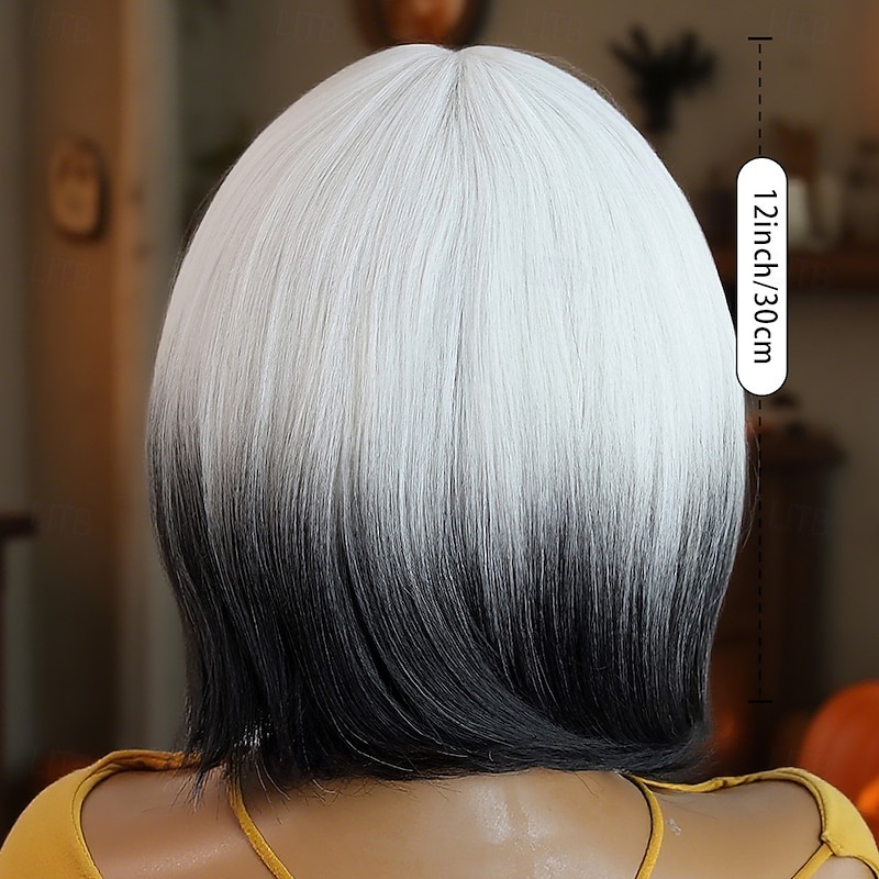 Synthetic Lace Wig Straight Style 12 inch White Middle Part U Part Wig Women's Wig White and Blue4