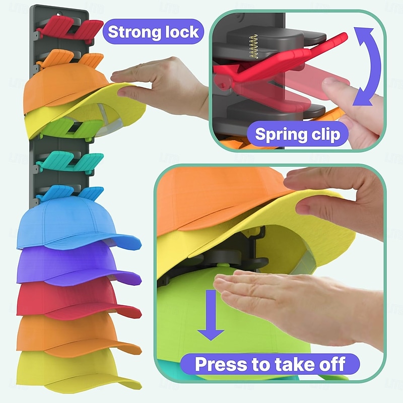 2 Packs Hat Organizer for Baseball Caps with Built-in Spring Clips - Wall Mount Closet Hat Rack Holder, Adjustable Storage for Door/Closet Display Hat Racks Hanger (Strong Adhesive & Screws)4
