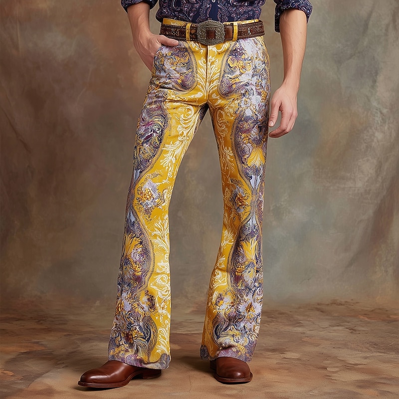 Men's Paisley Floral Print Ethnic Disco Pants 60s 70s Bell Bottoms Mid Waist Western Vintage Retro Outdoor Vacation Casual Side Pockets Flared Leg Pants Trousers Spring Fall 3D Print Yellow Blue