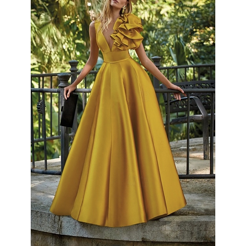 Beach Wedding A-Line Gold Evening Gown Elegant Dress Formal Wedding Guest Floor Length Sleeveless V Neck Satin with Shouder Flower