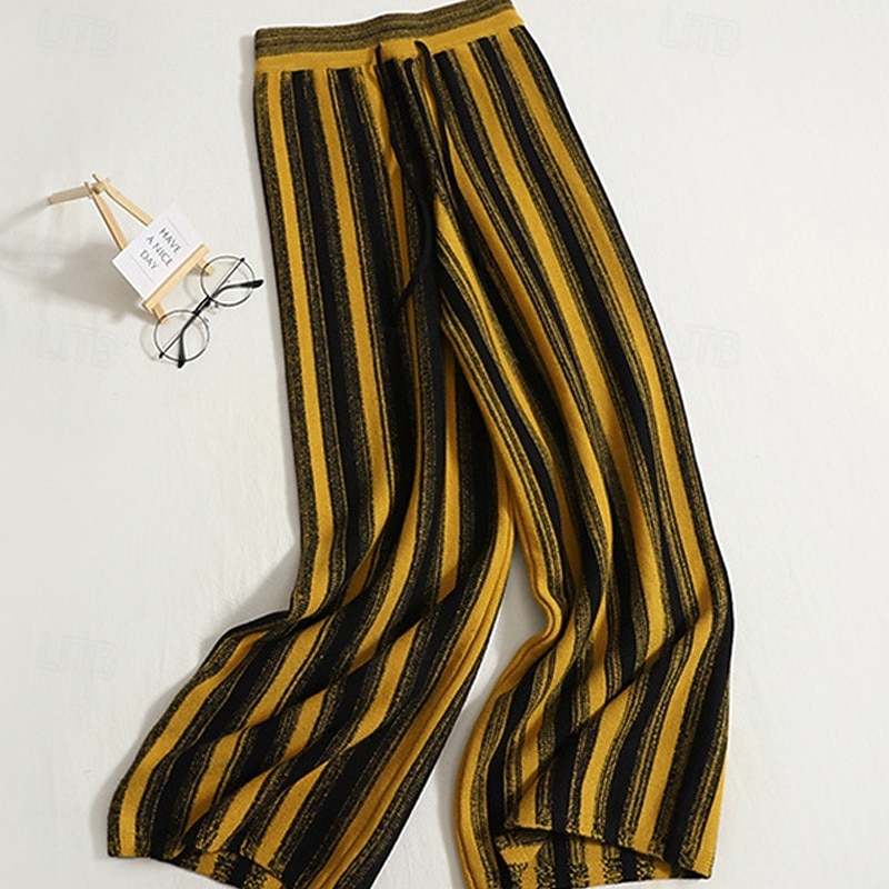 Women's Wide Leg Pants Trousers Palazzo Pants Fashion Streetwear Full Length High Waist Stripe Elastic Waist Knitted Breathability Comfortable Street Daily Wear Going out Black Yellow Khaki Spring3