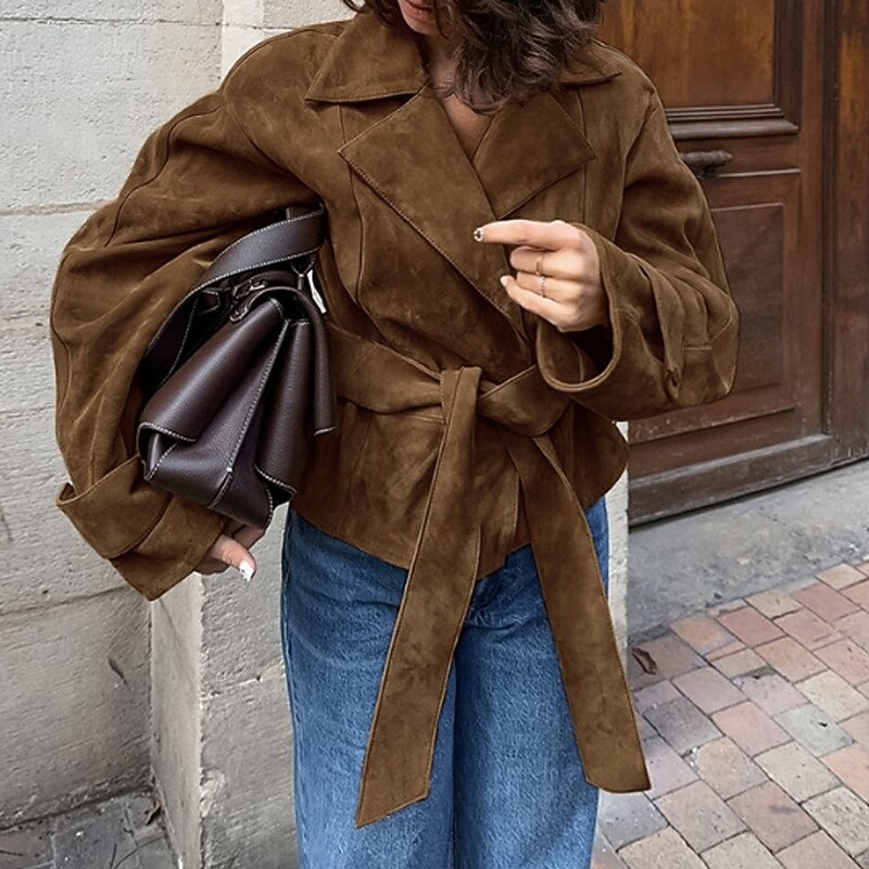 Women's Faux Leather Jacket Winter Coat Jacket Warm Comfortable Tie Front Fashion Plain Vacation Street Casual Going out Regular Turndown Regular Fit Long Sleeve Outerwear Brown Fall Winter4