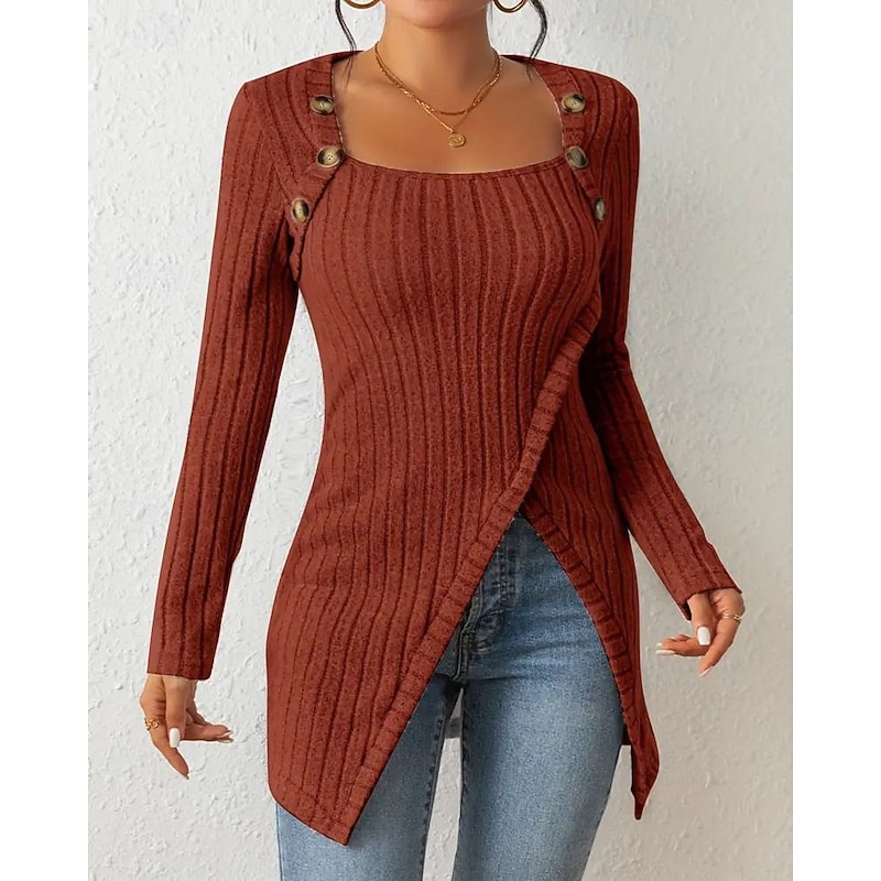 Women's Sweater Pullover Casual Solid Color Square Neck Knitted Split Long Sleeve Long Tops Knit Daily Holiday Going out Black Fuchsia Spring Fall2
