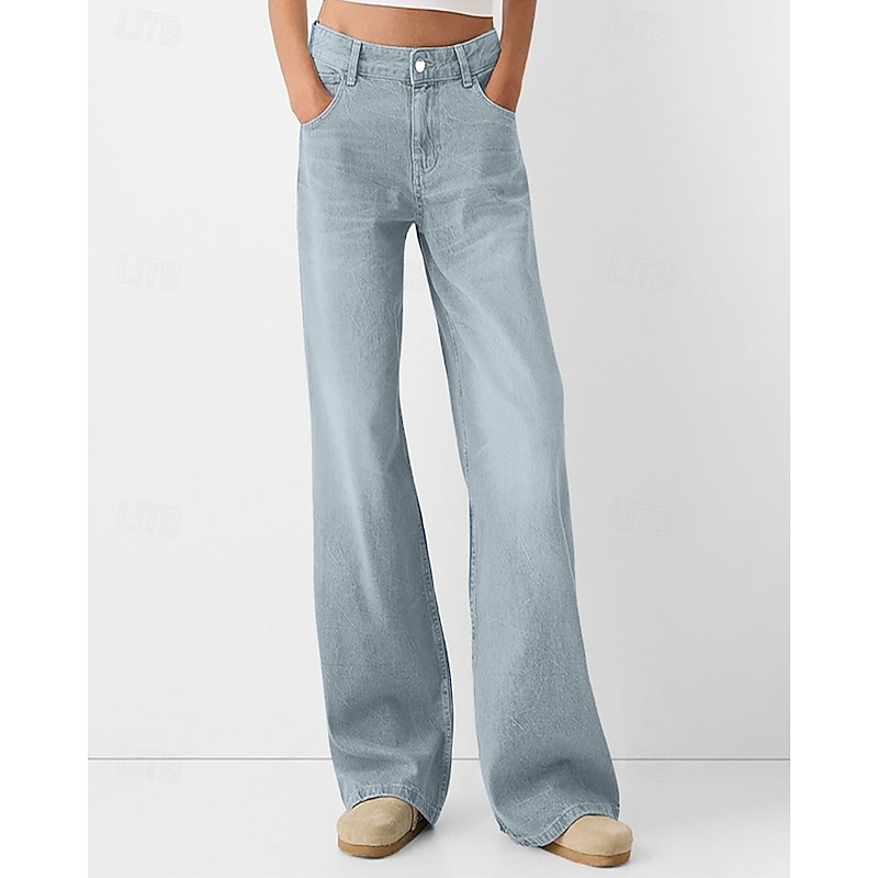 Women's Jeans Culottes Wide Leg Chinos Vacation Streetwear Basic Full Length Medium Waist Plain Pocket Elastic Waist Comfortable Micro-elastic Outdoor Vacation Daily Black Blue Light Blue Spring Fall3