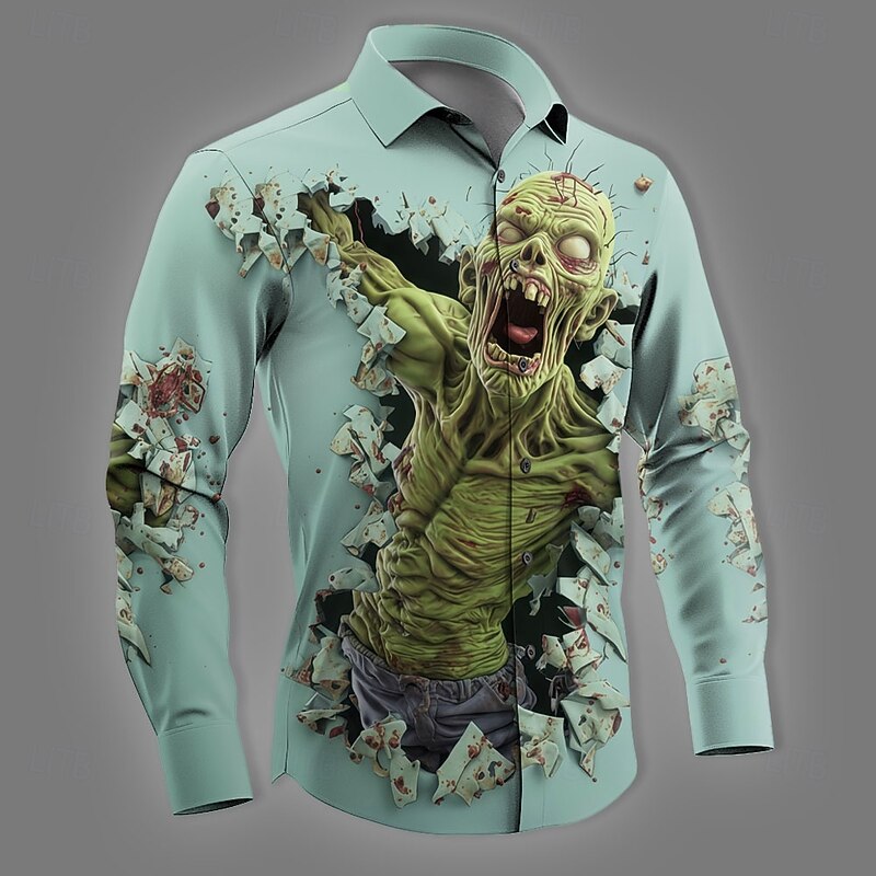 Halloween Men's Zombies Skeleton Horror Shirt Button Up Shirt Long Sleeve Dark Gothic Style Holiday Streetwear Spring Fall Turndown 3D Print Collared Shirts Blue Purple Green Khaki
