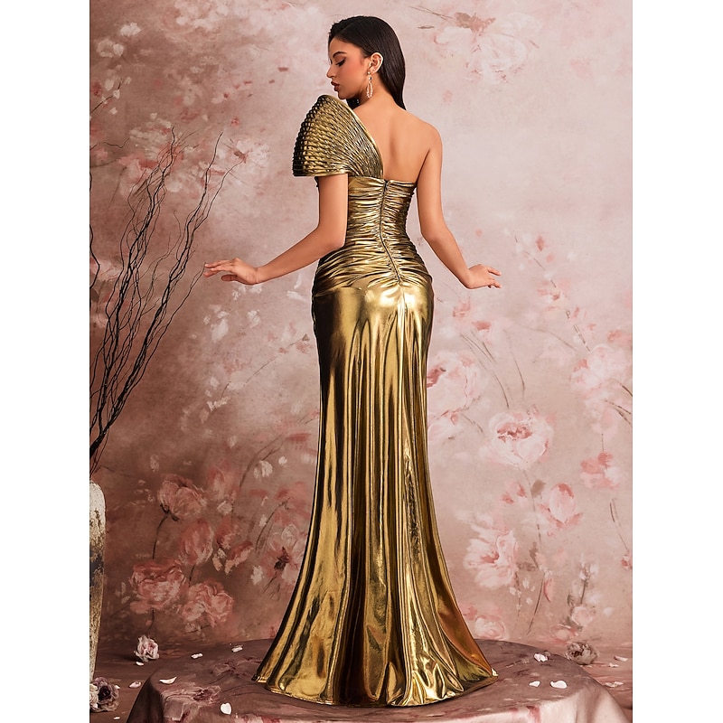 Gold Mermaid / Trumpet Evening Gown Elegant Formal Dress Formal Wedding Floor Length Short Sleeve One Shoulder Stretch Satin with Ruched Sequin Slit 20254