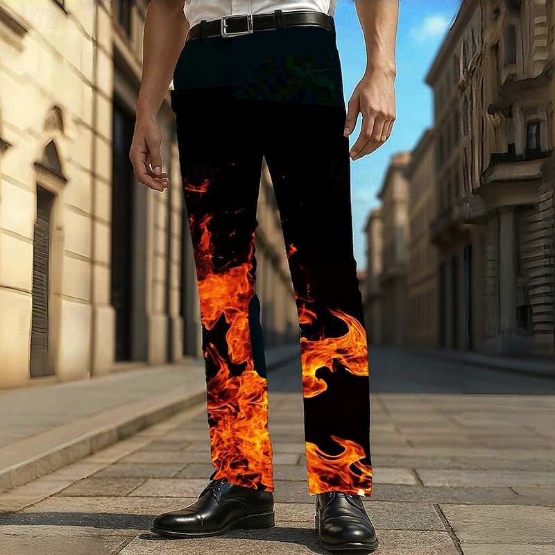 Men's 3D Print Flame Dress Pants Trousers Casual Pants Mid Waist Casual Outdoor Vacation Daily Summer Spring Fall 3D Print Orange Green