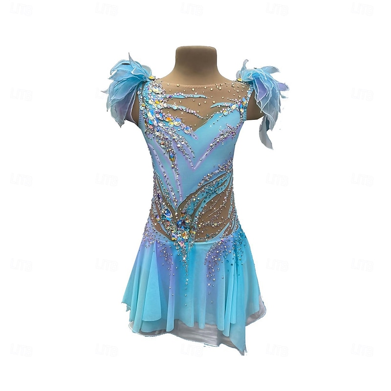 Figure Skating Dress Women's Girls' Ice Skating Dress Lake Blue Thumbhole Halo Dyeing High Elasticity Professional Competition Skating Wear Thermal Warm Crystal / Rhinestone Sleeveless Ice Skating2