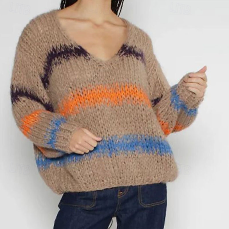 Women's Sweater Pullover Streetwear Casual Striped V Neck Stripe Knitted Long Sleeve Regular Tops Knit Daily Holiday Going out Khaki Fall Winter