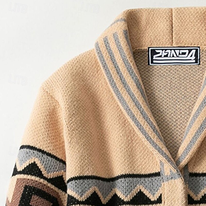 Men's Sweater Cardigan Sweater Fair Isle Sweater Ribbed Knit Short Belted Knitted Plain Shawl Collar Vacation Fashion Casual Daily Wear Clothing Apparel Fall Spring &  Fall khaki M L XL3