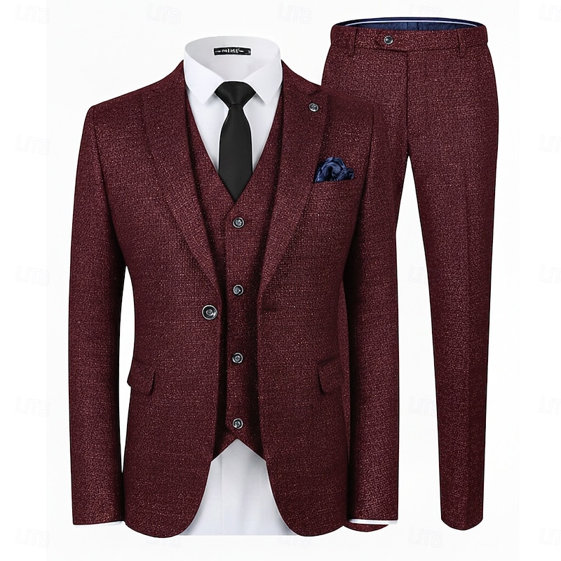 Men's Wedding Business Tweed Suits Shawl Lapel Black Burgundy Daily Formal Solid Colored Slim Fit 3 Piece Single Breasted One-button2