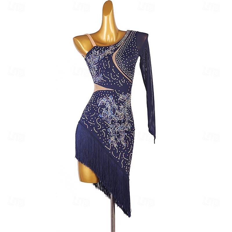 Women's One-Shoulder Latin Dance Dress Rumba Chacha Samba Cowboy Bullfight Dance Wear Performance Competition Dress