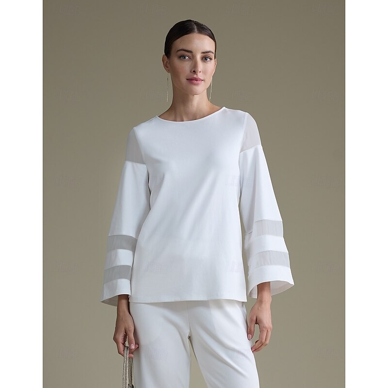 Women's Elegant White Modal Top Fitted with Sheer Chiffon Sleeves Stylish Lightweight Comfortable Daily Work Evening Fall3
