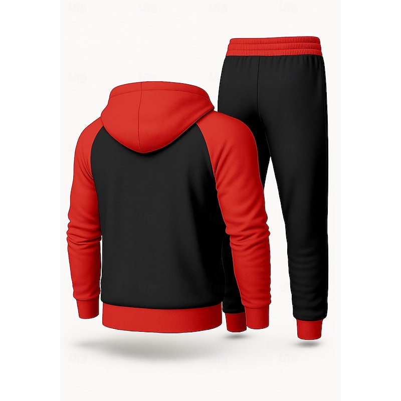 Christmas Men's Hoodie Tracksuit 2 Piece Tracksuit Drawstring Zip Up Color Block Clothing Suit Fall Red Vocation Outdoor Travel Lightweight Fashion Long Sleeve Sport Activewear Stretchy Regular Fit2