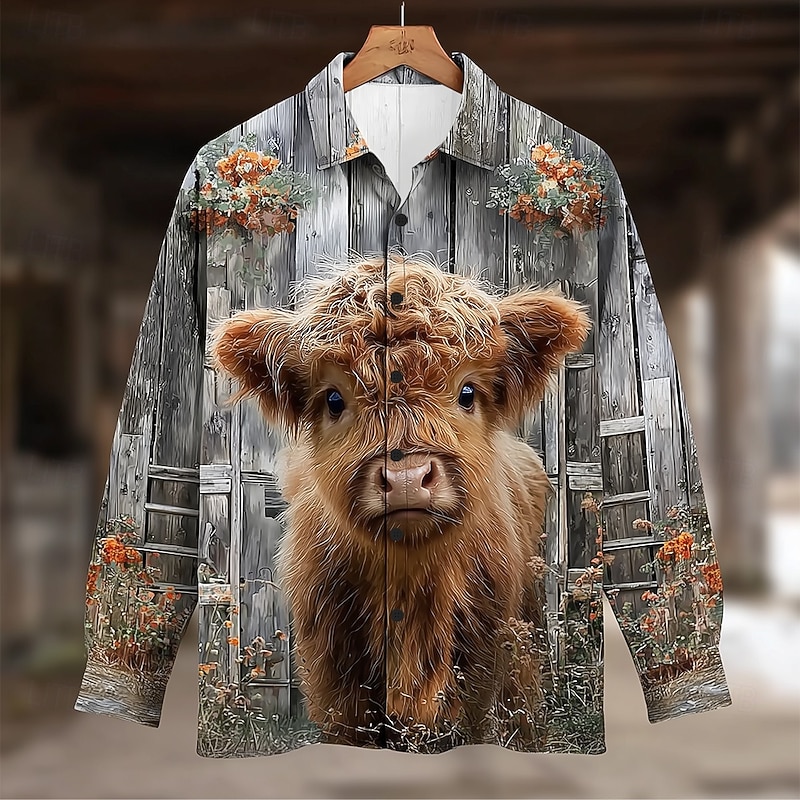 Men's Animal Cow Highland Cattle Shirt Button Up Shirt Long Sleeve Vintage Retro Outdoor Casual Spring Fall Turndown 3D Print Collared Shirts Gray 1# Gray