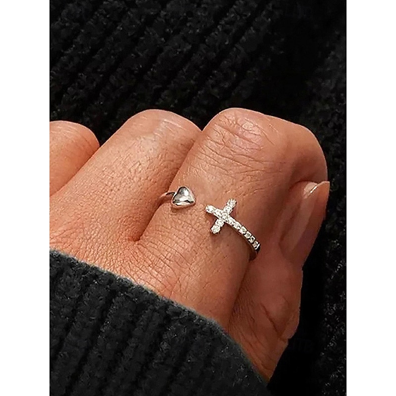 Women's Heart and Cross Ring – Adjustable Silver Plated Open Band with Cubic Zirconia, Minimalist Jewelry for Ladies & Christmas Gift2
