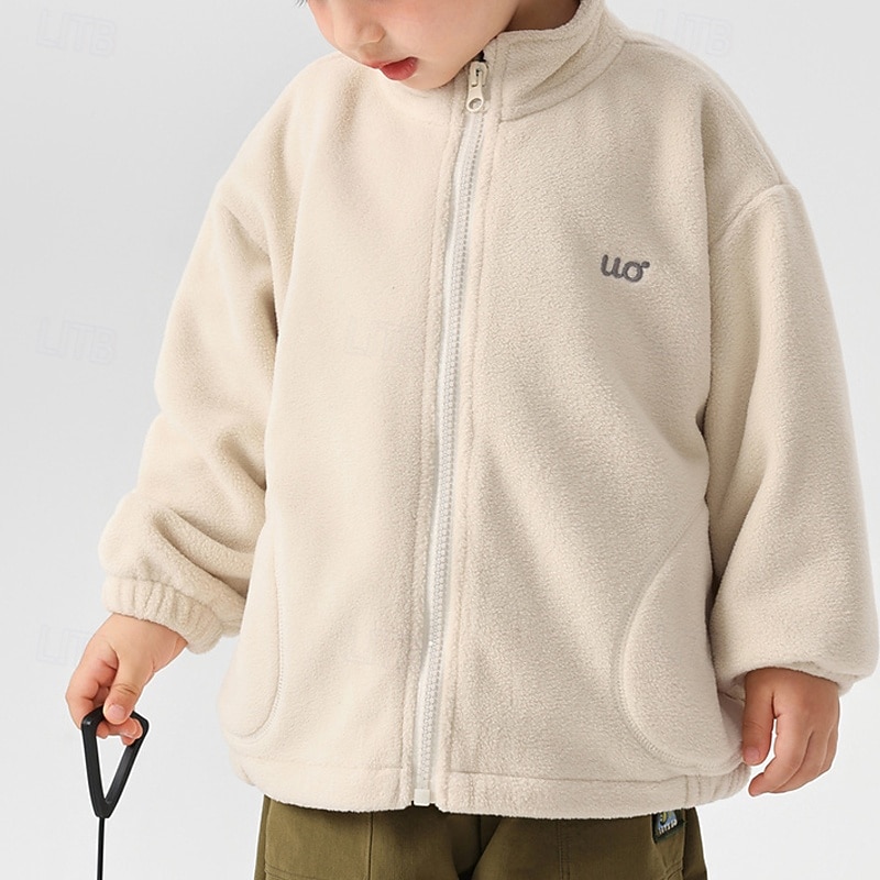 Kids Boys' Fleece Jacket Outdoor Jacket Coat Outerwear Solid Color Long Sleeve Zipper Pocket Comfort Keep Warm Soft Coat Outdoor Fashion Daily White Spring Fall 4 years+4