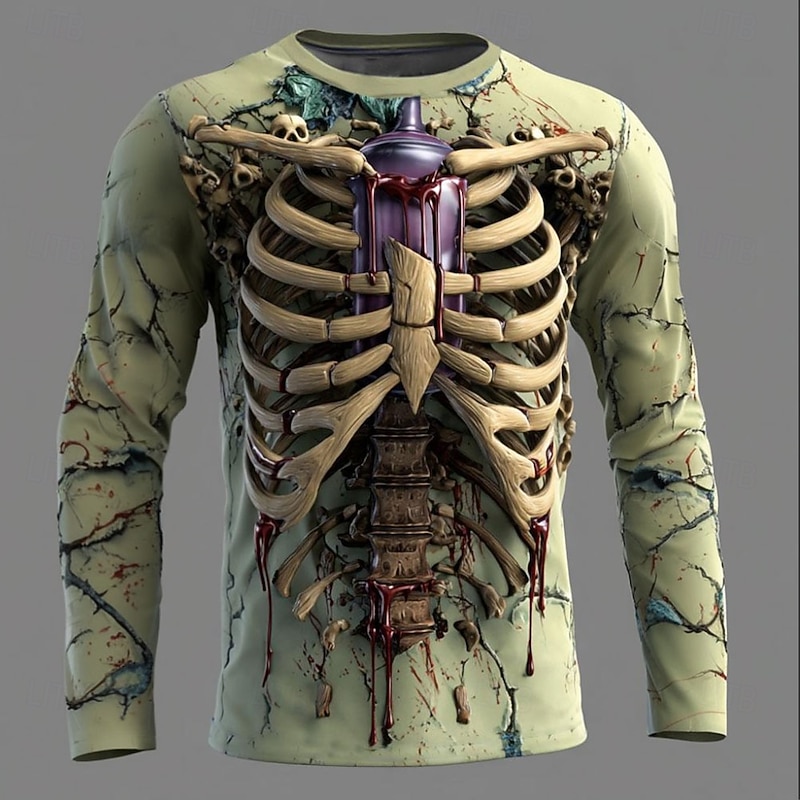 Halloween Men's 3D Skeleton T Shirt Long Sleeve T shirt 3D Print Crew Neck Shirt Fashion Exaggerated Street Casual Daily Red Blue Green Summer Spring Fall Clothing Apparel S M L XL XXL XXXL