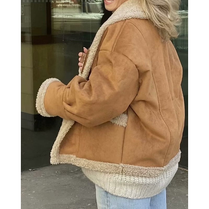 Women's Winter Coat Teddy Coat Warm Comfortable Pocket Buttons Vintage Color Block Vacation Daily Wear Going out Weekend Regular Lapel Loose Fit Long Sleeve Outerwear Black White Green Fall Winter3
