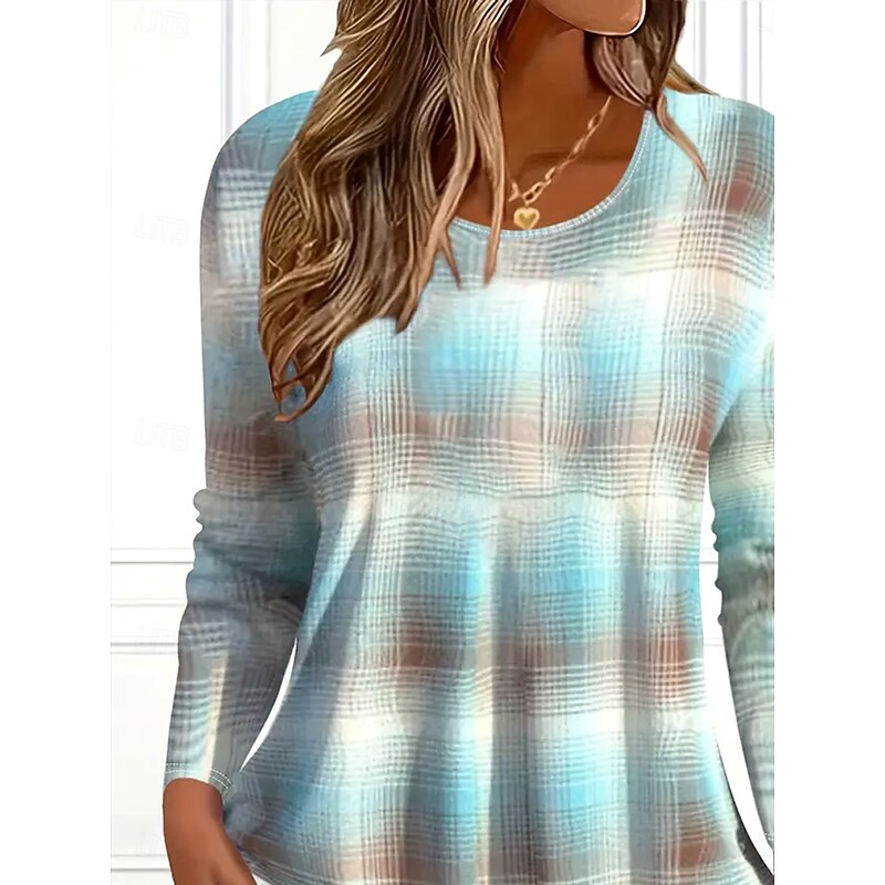 Women's T Shirt Graphic Plaid Vintage Stylish Classic Long Sleeve Crew Neck Round Neck Regular Tops Daily Print Light Blue Spring Fall Winter2