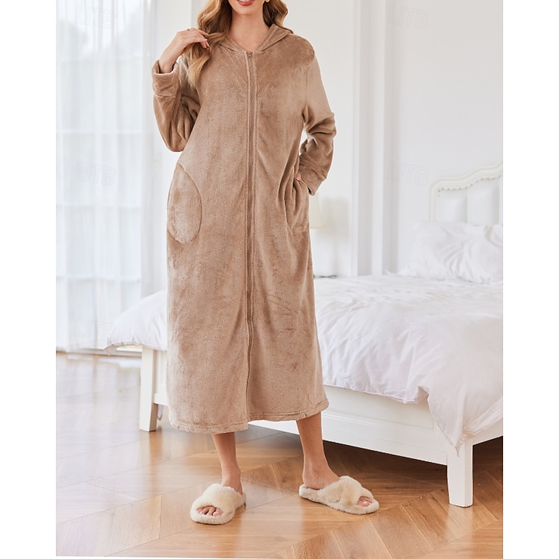 Women's Pajamas Robe Casual Pure Color Zipper Pocket Vacation Home Daily Long Sleeve Hoodie Black Navy Blue Camel Fall Winter Loose Fit2