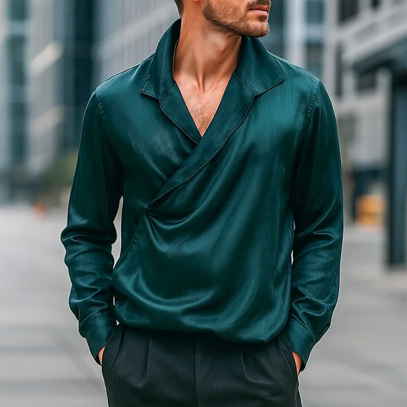 Men's Shirt Satin Shirt Dress Shirt Casual Shirt Button Up Shirt Prom Shirt Plain Formal Wedding Black Royal Blue Orange Green Long Sleeve V Neck All Seasons Clothing Apparel3