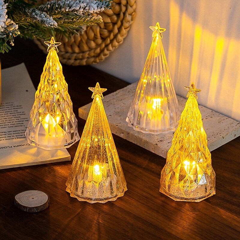1 Pc 11.5 * 6CM Christmas Mini Luminous Simulation Crystal Christmas Tree Desktop Ornament Light Decorative Light Night Light LR44 * 3 Battery