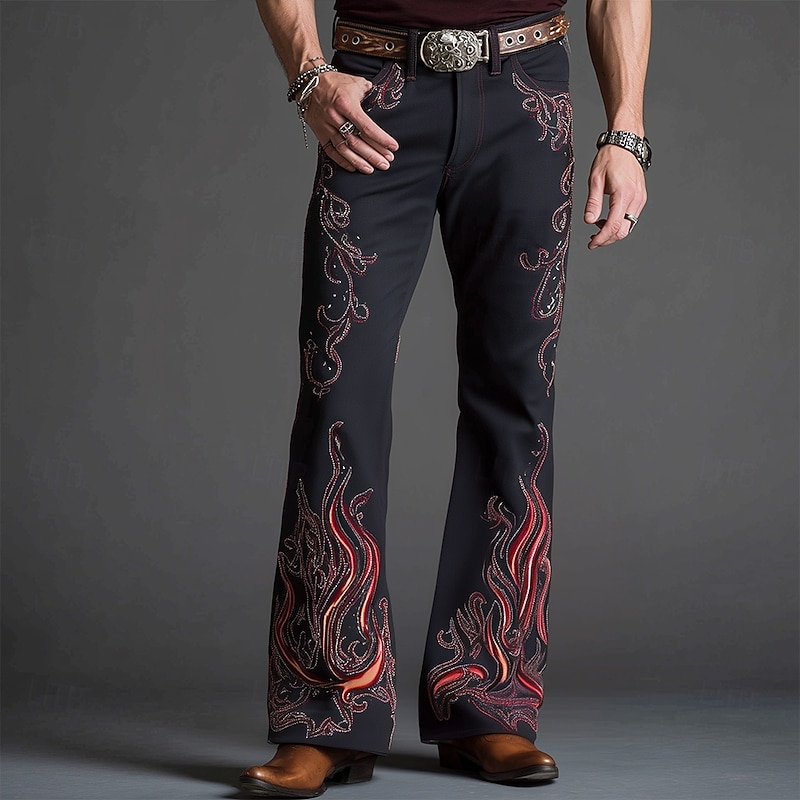 Men's Floral Print Flowers Disco Pants 60s 70s Bell Bottoms Mid Waist Western Vintage Retro Outdoor Vacation Casual Side Pockets Flared Leg Pants Trousers Spring Fall 3D Print Dark Blue