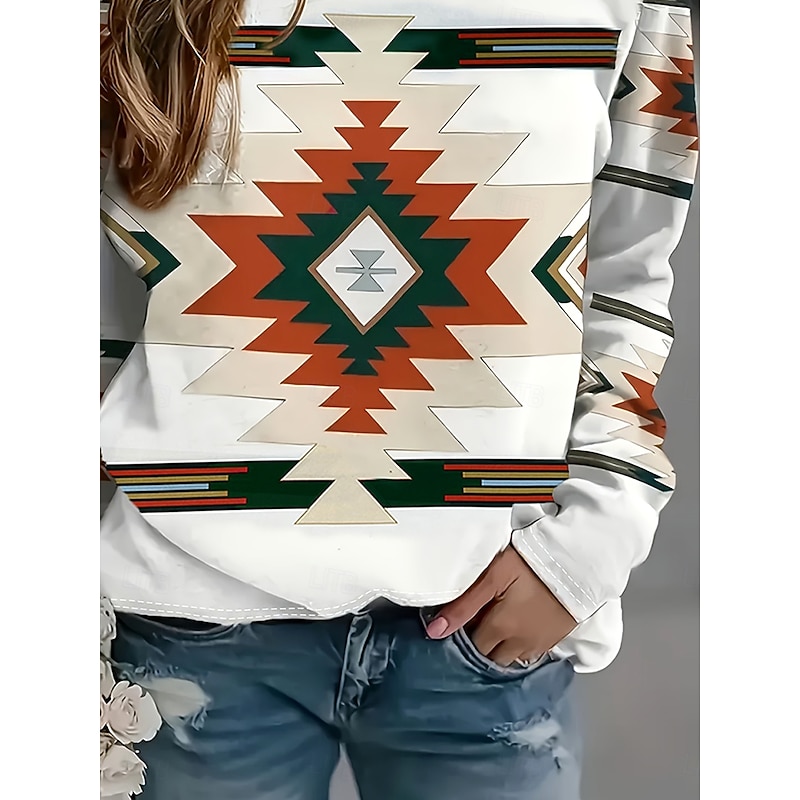 Women's Tunic Graphic Geometric Tribal Vintage Fashion Stylish Long Sleeve Crew Neck Round Neck Regular Tops Daily Print White Spring Fall Winter2