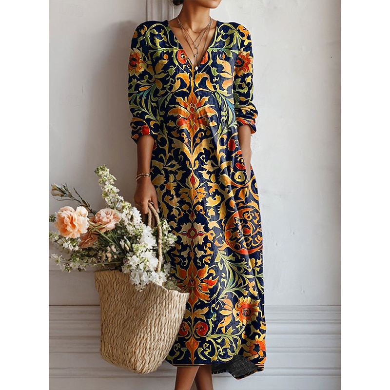Women's Midi Dress A Line Dress Vacation Casual Daily Regular Fit Floral Graphic Long Sleeve V Neck Pink Navy Blue Blue Green Spring Fall