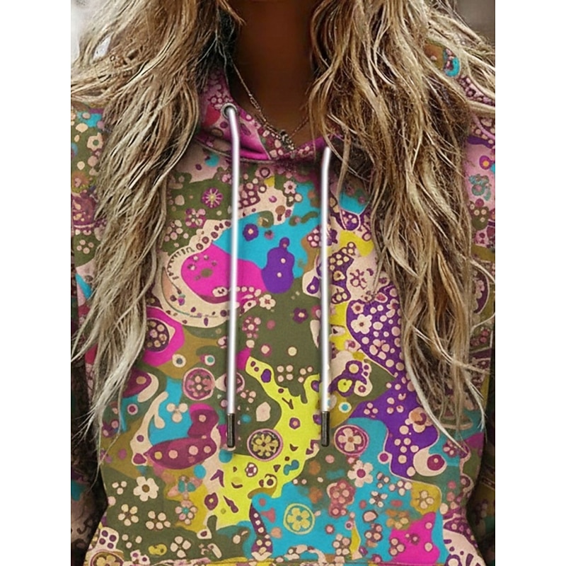 Women's Pullover Hoodies Abstract Vintage Streetwear Casual Long Sleeve Hooded Regular Tops Dailywear Casual Sports Drawstring Pocket Print Green Spring Fall2