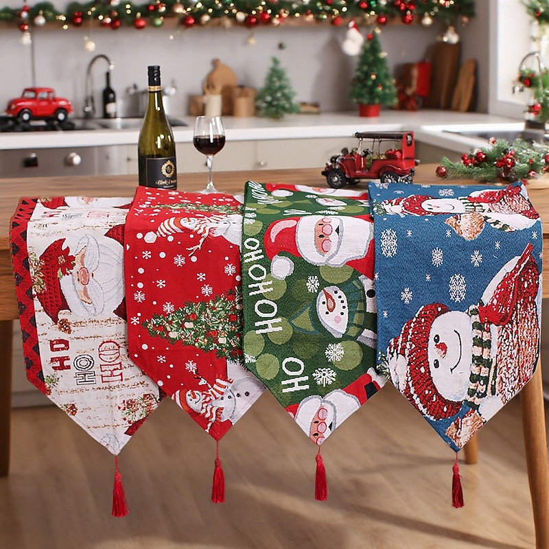 Mingguan New 180cm Knitted Tassel Cartoon Table Runner, Christmas Santa Claus & Snowman Tablecloth, Dining Table Decoration and Heat Insulation Mat