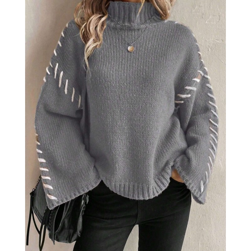 Women's Sweater Pullover Fashion Casual Pure Color Ribbed Turtleneck Knitted Long Sleeve Regular Tops Knit Outdoor Daily Weekend Gray Fall Winter4