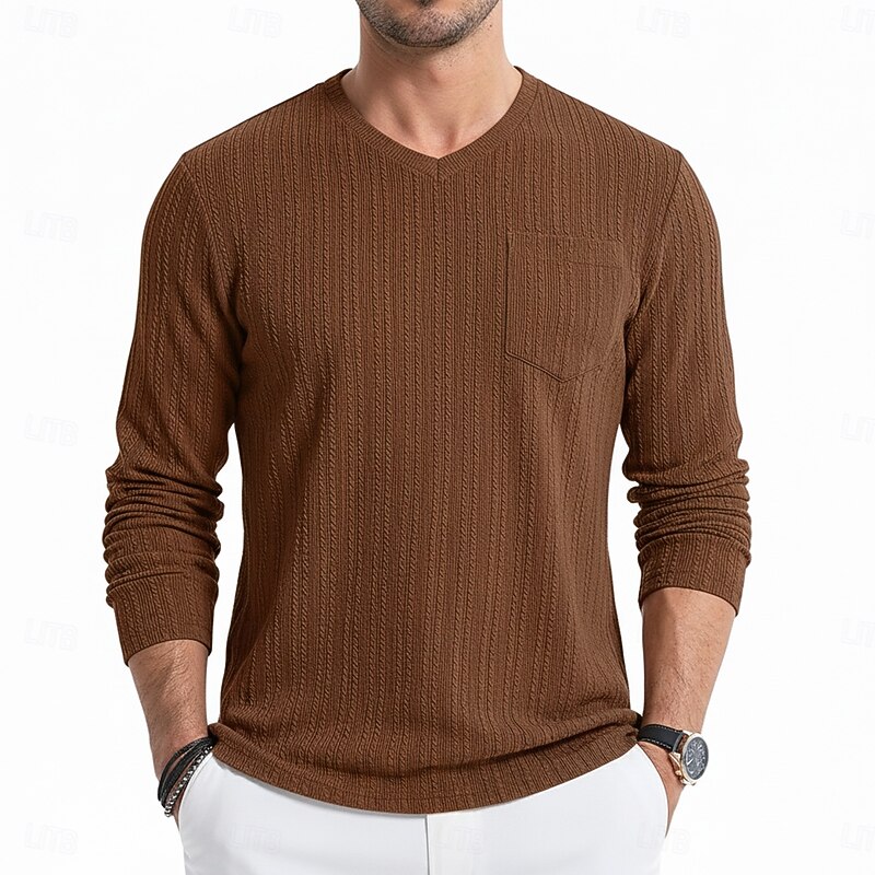 Men's T Shirt Ribbed Knit tee Tee Top Long Sleeve Shirt Long Sleeve V Neck Spring Fall Winter Plain Pit Strip Fashion Designer Basic Jacquard Knitting Vacation Street Casual Blue Purple Brown Top Tee