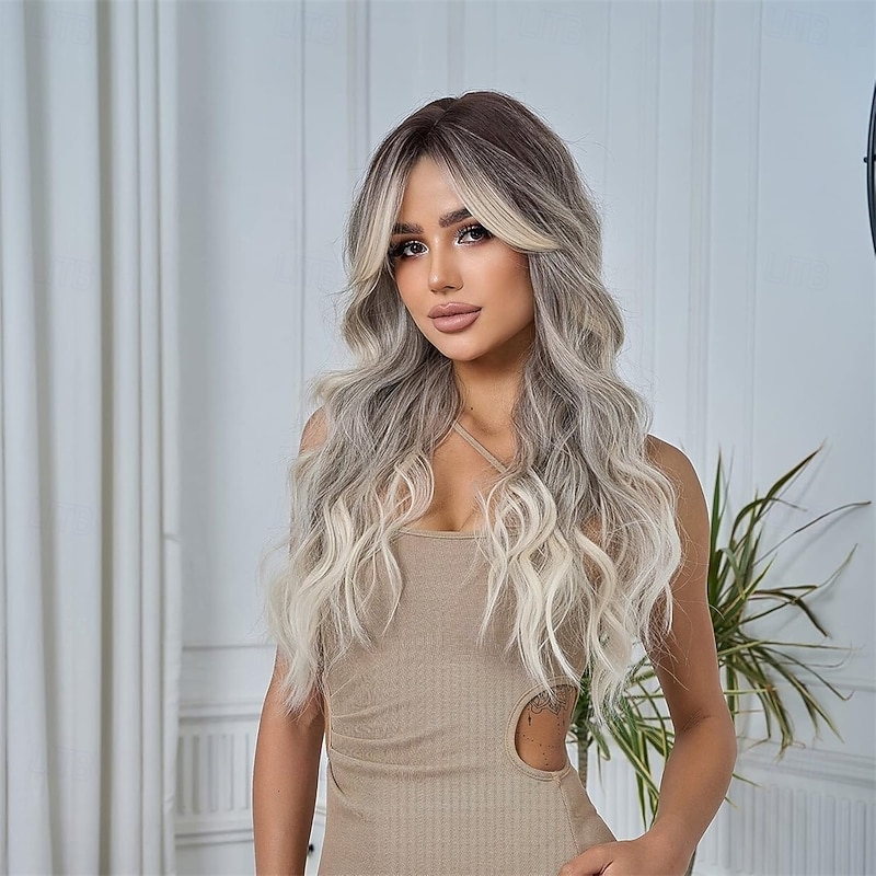 Women Long Ombre Grey Wavy Wigs with Black Root 26 Inch Wigs Natural Looking Synthetic Heat Resistant Fiber Wig for Daily Party Use4