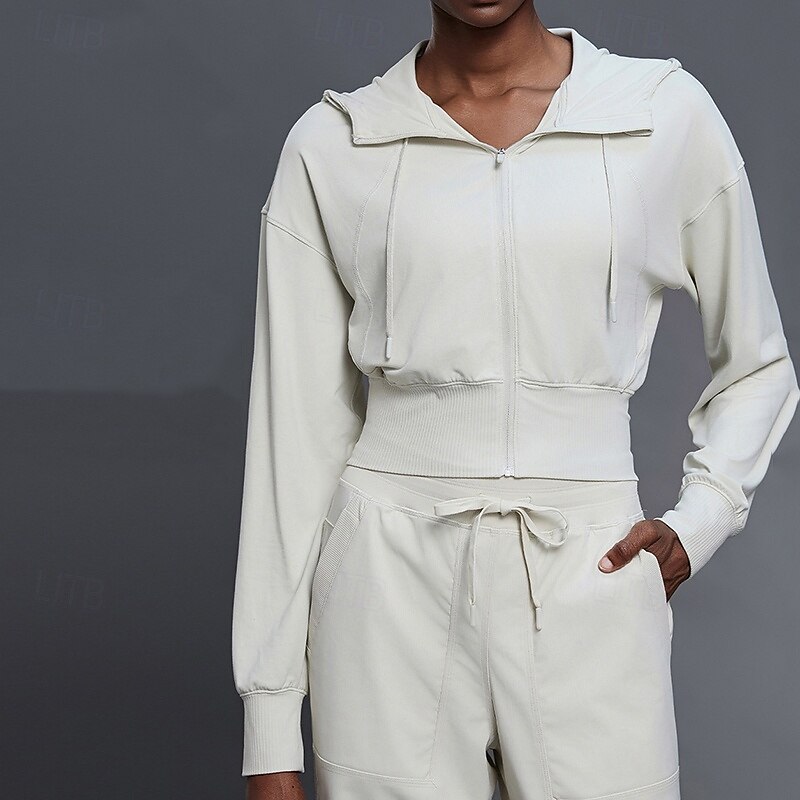 Women's Sports Crop Coat Breathable Drawstring Long Sleeve Sports Solid Color Top For Gym Running Fitness Activewear