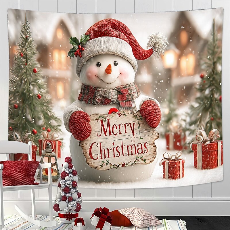 Christmas Wall Tapestry Backdrop, Snowman with Merry Christmas Sign Winter Scene Wall Hanging, 2025 Xmas Holiday Room Decoration for Living Room, Bedroom, Outdoor decoration4