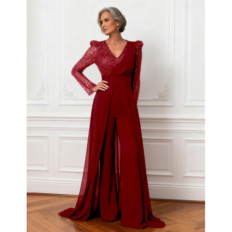 Jumpsuits Mother of the Bride Dress Elegant Sparkle & Shine V Neck Floor Length Chiffon Long Sleeve with Sash / Ribbon Sequin