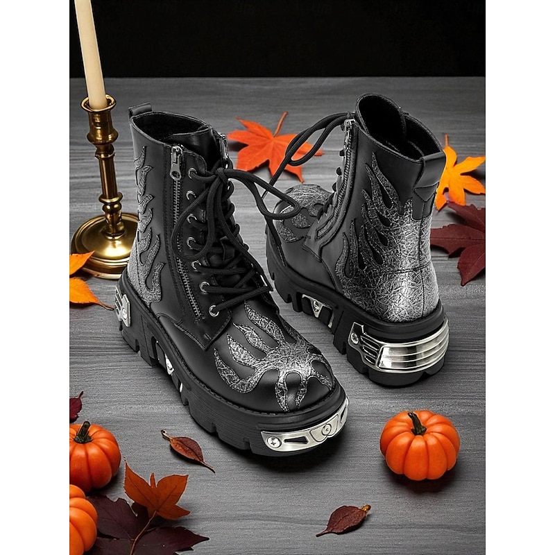 Women's Gothic Platform Sneakers with Metal Detailing - Punk Style Chunky Lace-Up Shoes for Halloween Party Fashion4