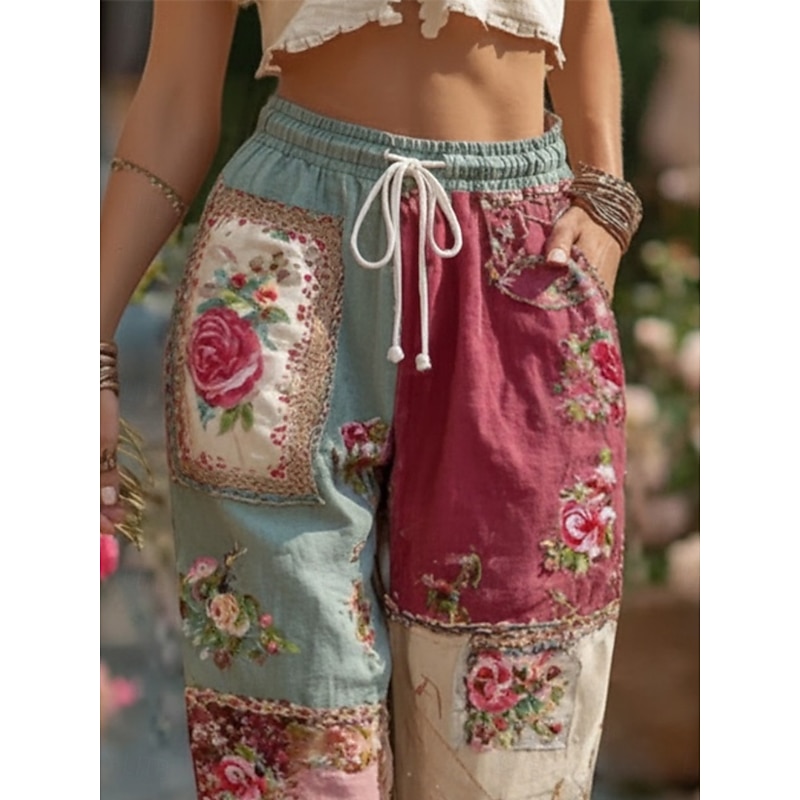 Women's Straight-Leg Pants Trousers Vacation Vintage Fashion Full Length Mid Waist Floral Drawstring Pocket Printing Comfy Breathability Outdoor Vacation Street Blue Spring Fall Loose Fit2