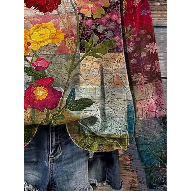 Women's Pullover Sweatshirt Floral Graphic Casual Long Sleeve Crew Neck Regular Tops Home Work Street Patchwork Red Spring Fall Winter3