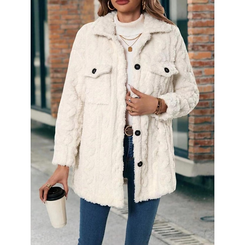 Women's Winter Coat Fleece Jacket Comfortable Breathable Pocket Buttons Casual Plain Vacation Street Casual Daily Wear Single Breasted Long Turndown Regular Fit Long Sleeve Outerwear Apricot Spring2