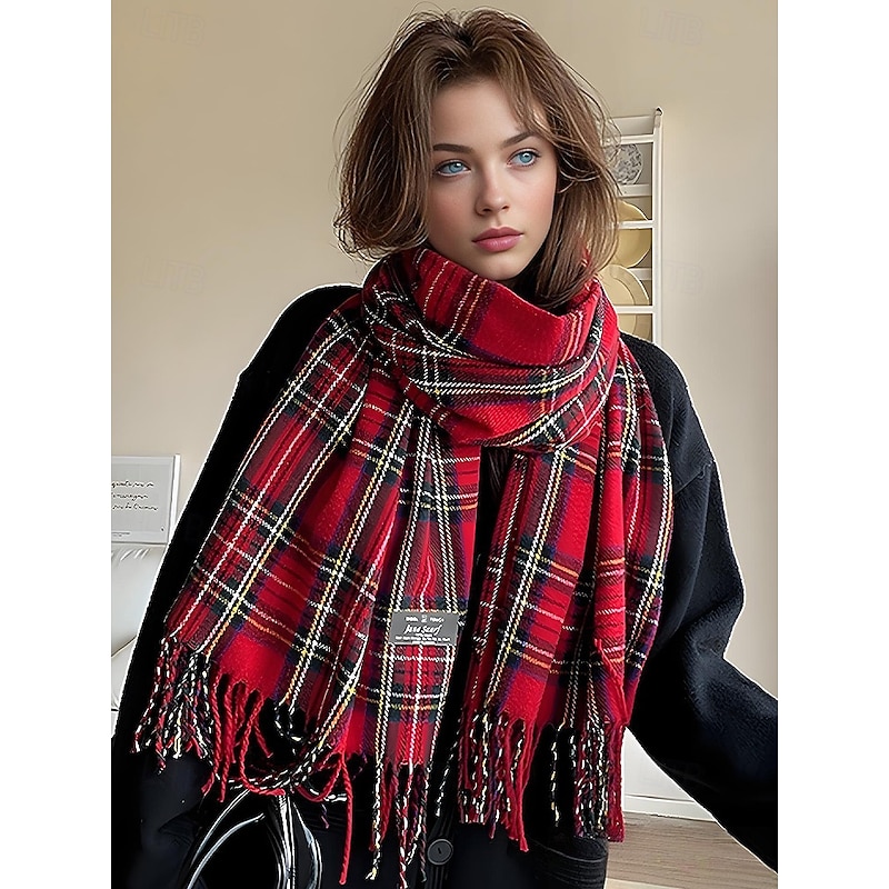 Women's Christmas Plaid Scarf, Warm Winter Tartan Shawl Wrap with Fringe, Cozy Fashion Accessory for Holiday Party and Outdoor Wear2