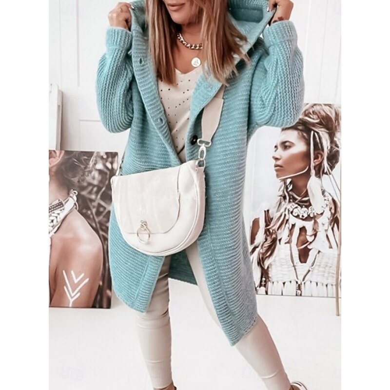 Women's Sweater Casual Soft Pure Color Ribbed Hooded Buttons Knitted Long Sleeve Regular Tops Knit Outdoor Daily Weekend Pink Red Fall Winter2