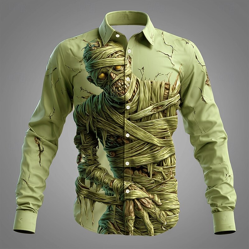 Halloween Men's Zombies Horror Mummy Shirt Button Up Shirt Long Sleeve Dark Gothic Style Holiday Streetwear Spring Fall Turndown 3D Print Collared Shirts Light Green Blue Purple Green4